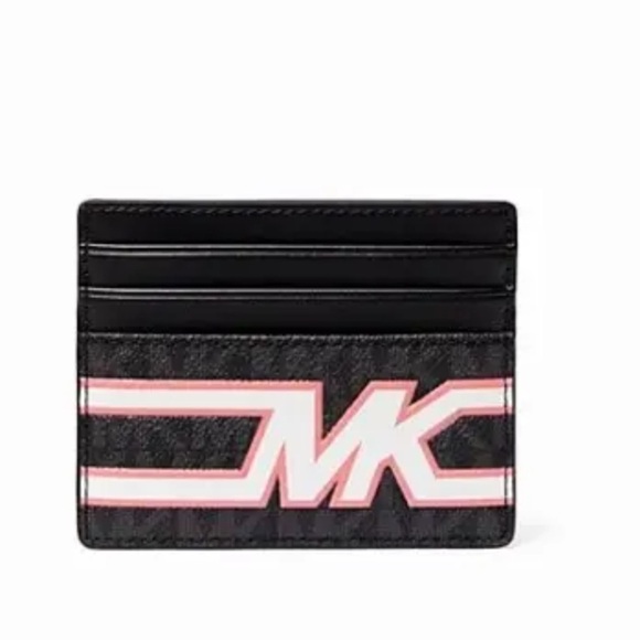 New‎ Michael Kors Cooper Tall Card Case Coated Canvas Black / Pink Multi - Picture 1 of 4